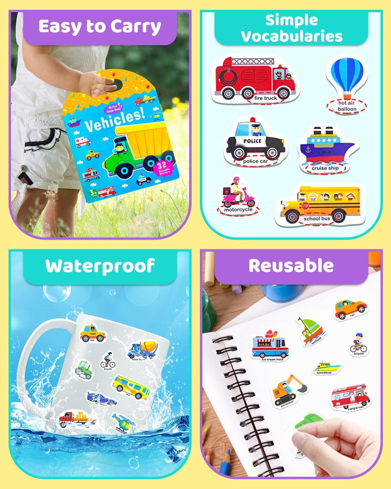كتب ملصقات Benresive Jelly قابلة لإعادة الاستخدام للأطفال 2-4 كتب ملصقات ممتعة للأطفال الصغار 1-3 سنوات من عمر 2-4 سنوات 32 قطعة من ألعاب السفر للأطفال الصغار هدايا الحرف اليدوية - كتاب ملصقات المركبات - Image 5